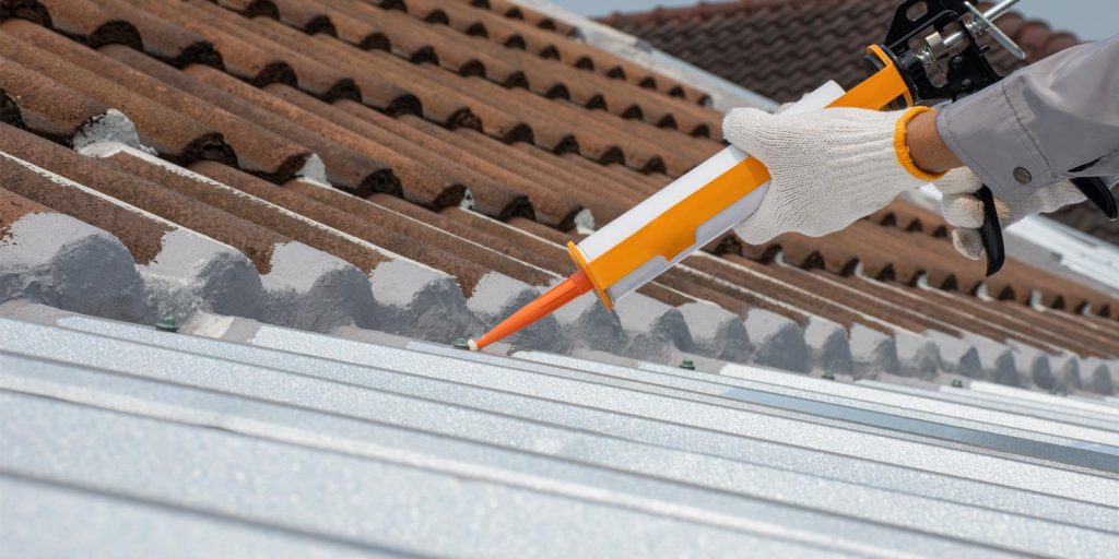 a commercial caulking contractor working on the roof of a building