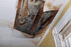 Water damaged ceiling. Caulking interior windows is a great way to prevent water making their way inside a home