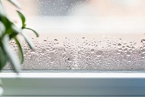Water condensation on window glass needing glazing