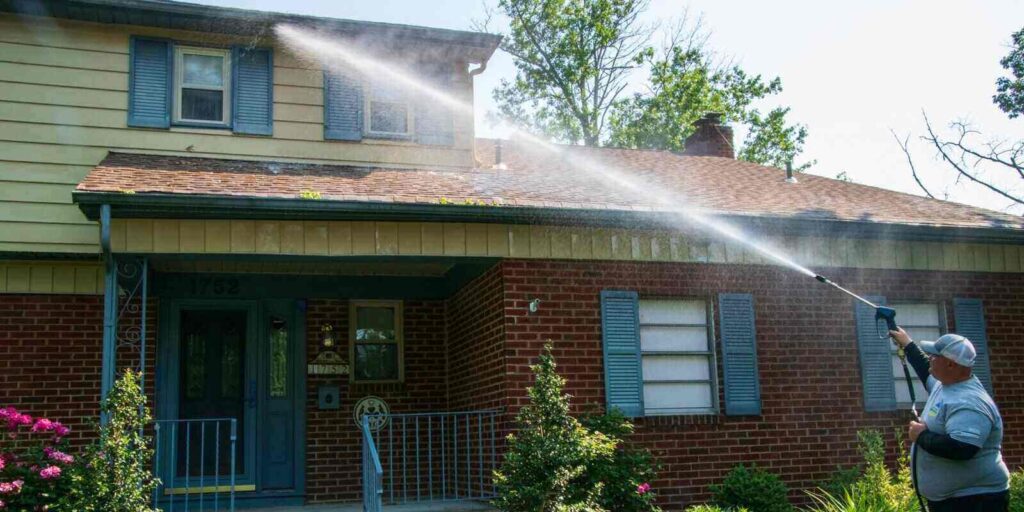 man spraying water solution on the front of a house