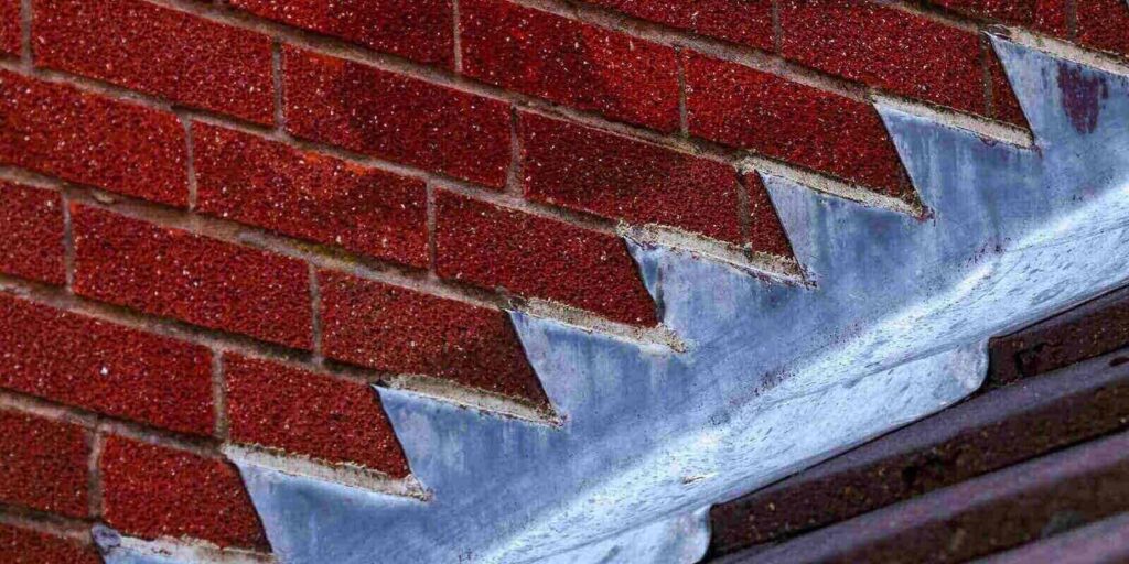 lead flashing roof gulley creating a water tight seal between roof tiles and brick wall on a domestic house