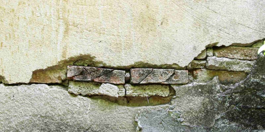 A damaged masonry brick wall