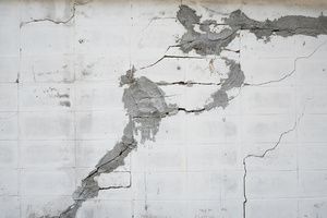 Poorly patched cracks on a white wall