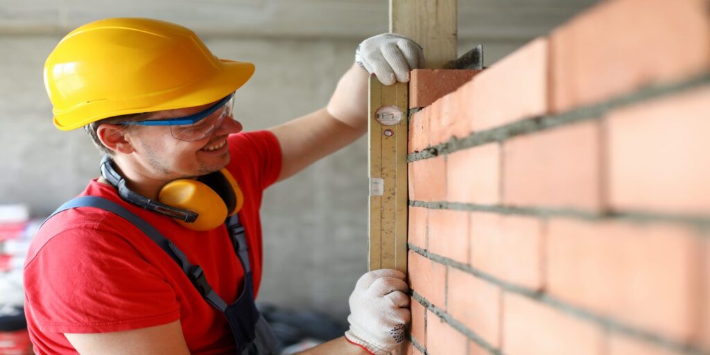 A commercial masonry contractor measuring a brick wall