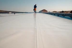 DE worker waterproofing building top
