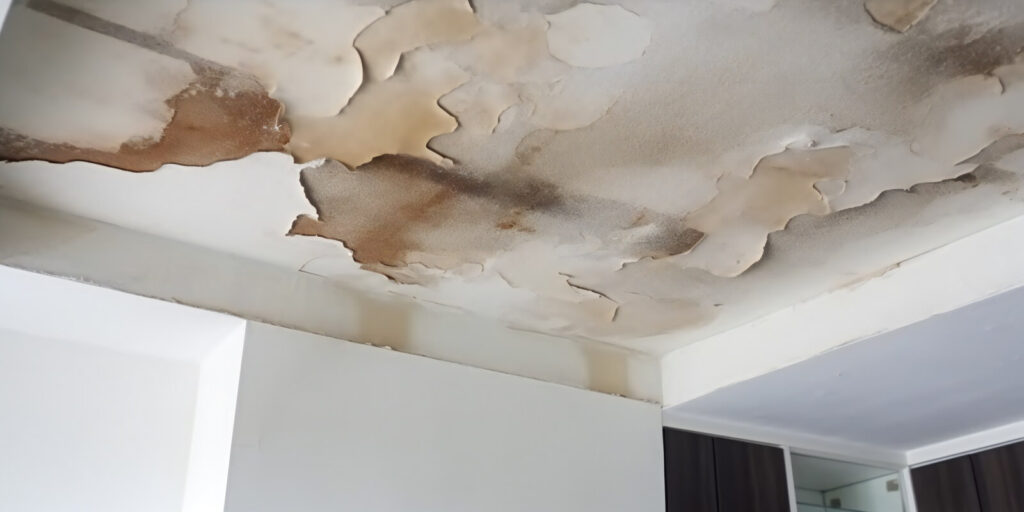 ceiling stain and water-damaged roof due to roof leakage