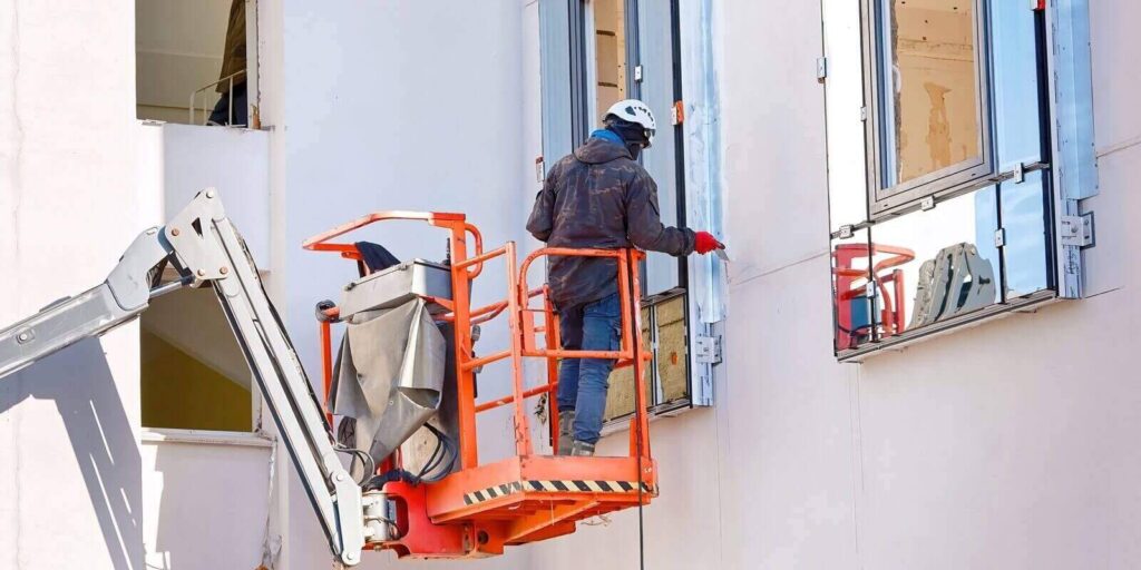 man in lift bucket caulk, seal exterior window with putty knife, maintain exterior window in North Philadelphia commercial building